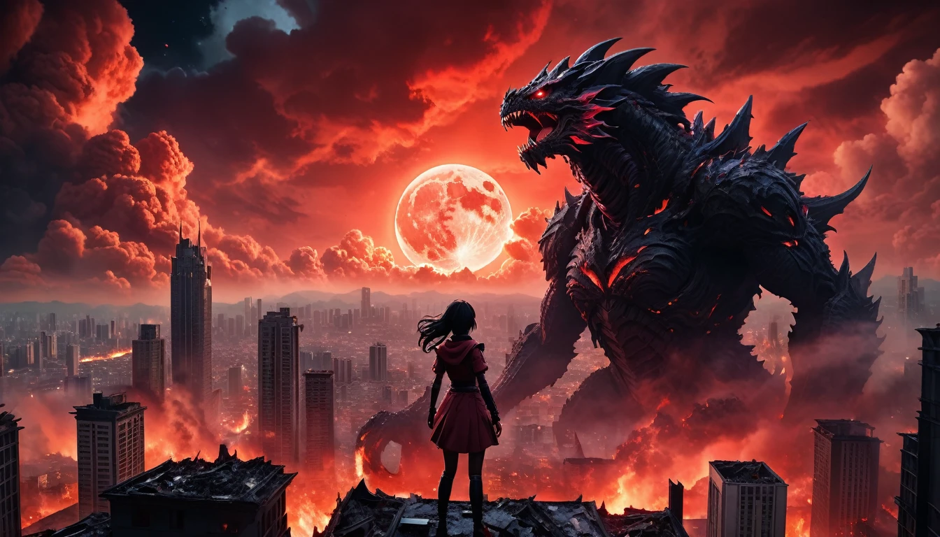 8K high-resolution images, Woman standing on top of a building,anime, A city destroyed by a space monster, Devouring people, Corpses Everywhere, Red sky and black clouds,Fire Magic, In the background is a giant space monster devouring the moon..