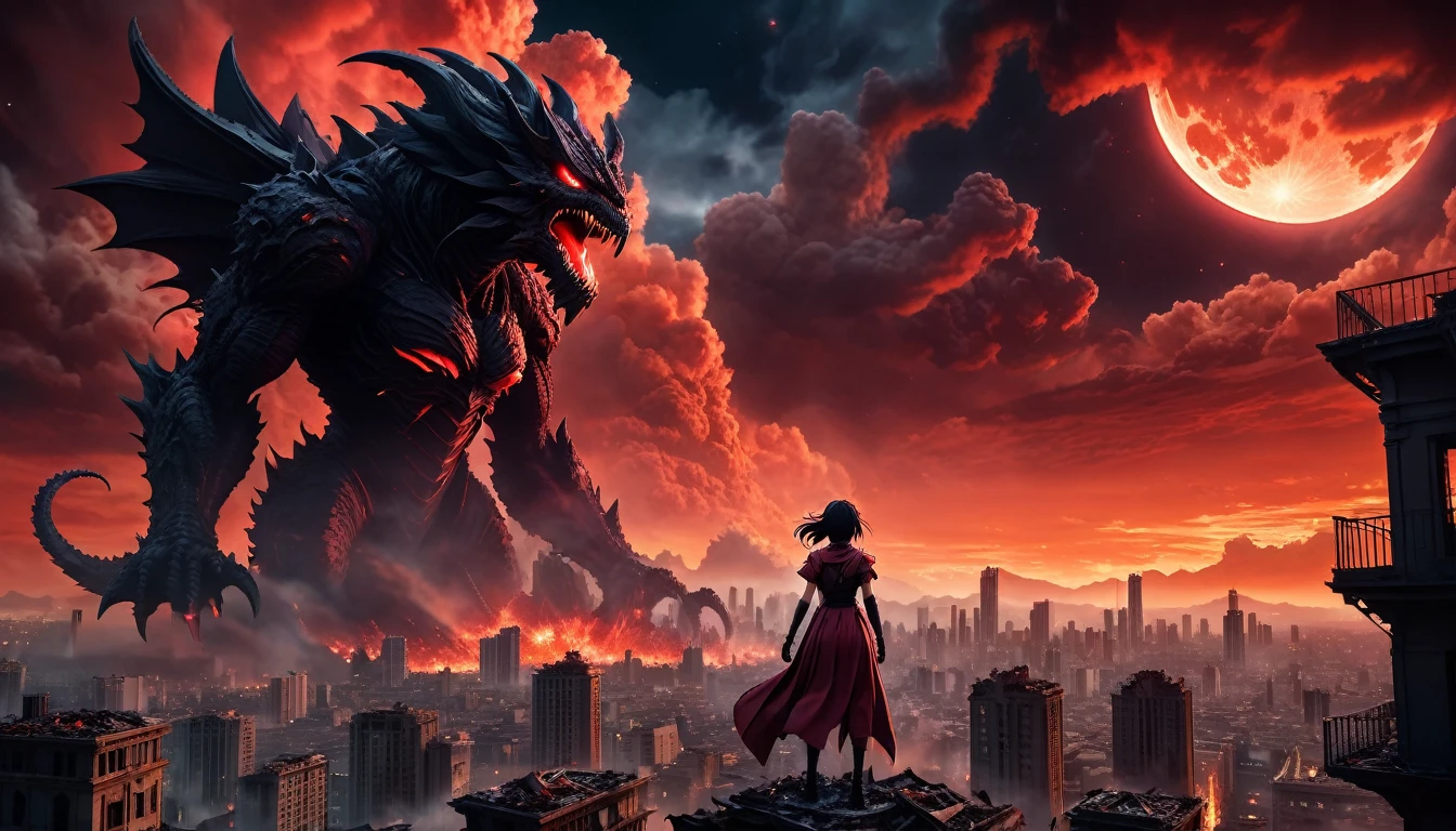 8K high-resolution images, Woman standing on top of a building,anime, A city destroyed by a space monster, Devouring people, Corpses Everywhere, Red sky and black clouds,Fire Magic, In the background is a giant space monster devouring the moon.. 