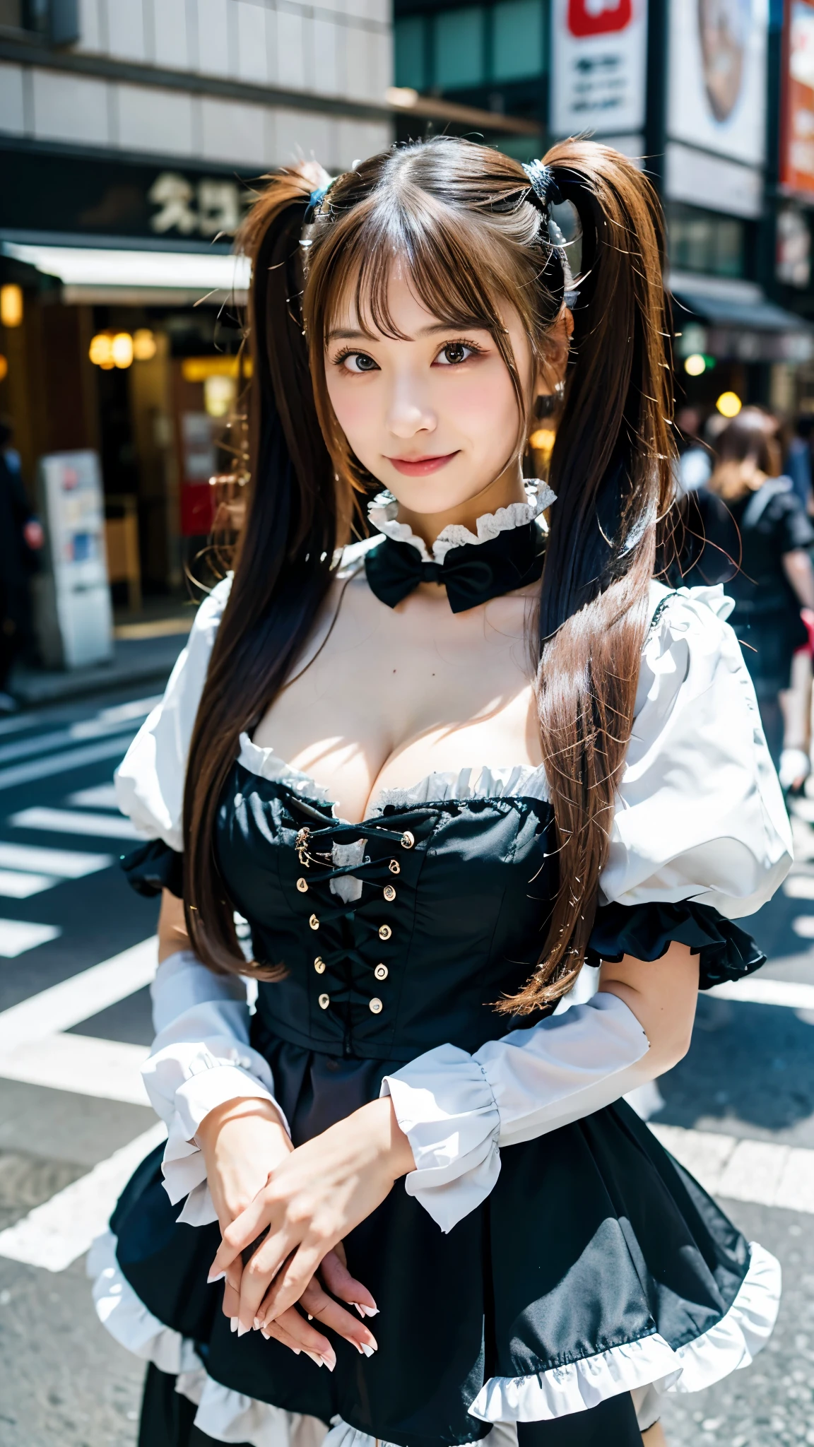 Top quality, 1 beautiful woman, (Absurdly Long Hair:1.3), ((Twintails)), wearing gothic lolita costume, Massive Breasts, 50mm lens, f/1, at Walking in Akihabara