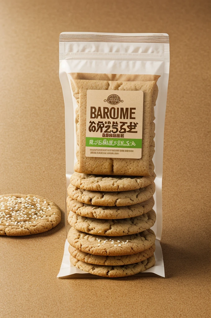 Biodegradable packaging with brown and beige colors to present a pack of sesame cookies