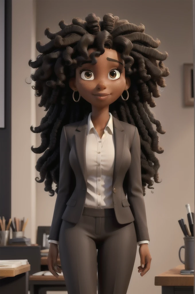 work of art, best qualityer, a woman with black curly hair, medium brown skin color, big hair, slim black suit