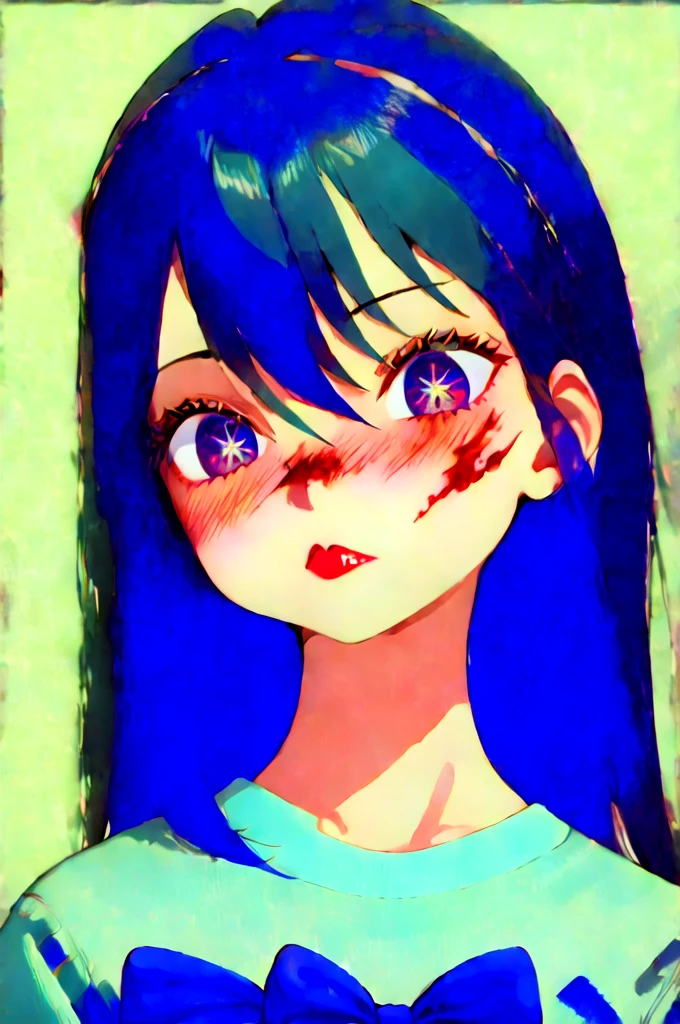 1girl, solo, blush, looking_at_viewer, short_hair, bangs, blue_eyes, simple_background, black_hair, ribbon, original, bow, hair_between_eyes, closed_mouth, hair_ribbon, hair_bow, hairband, grey_background, red_bow, lips, blood, makeup, border, portrait, eyeshadow, blood_on_face, red_lips, black_border, bow_hairband