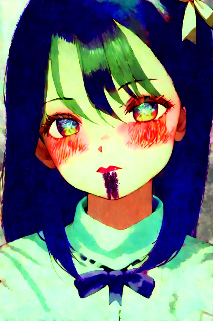 1girl, solo, blush, looking_at_viewer, short_hair, bangs, blue_eyes, simple_background, black_hair, ribbon, original, bow, hair_between_eyes, closed_mouth, hair_ribbon, hair_bow, hairband, grey_background, red_bow, lips, blood, makeup, border, portrait, eyeshadow, blood_on_face, red_lips, black_border, bow_hairband