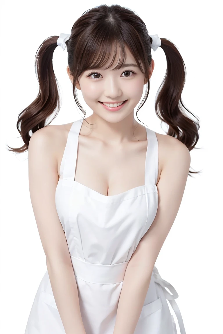 (Highest quality、Tabletop、8K、Best image quality、Award-winning works)、1. pretty girl、(wavy twin tails:1.1)、(Naked and white apron:1.2)、(The perfect pure white apron:1.3)、Perfect girl portrait photo、Glowing Skin、Brown Hair、(Large Breasts:1.3)、(Accentuate your body lines:1.1)、Standing Elegantly、(Face close-up:1.3)、Woman looking up at me、Cute Smile、(The simplest solid white background:1.5)