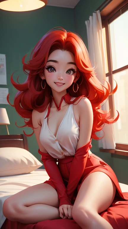 (best quality,4k,8k,highres,masterpiece:1.2),ultra-detailed, red haired Chinese college student, Dilraba Dilmurat, smiling, college dorm room, sitting on bed, , , seducing viewer, HDR, 8k, absurdres, cinestill 800, sharp focus