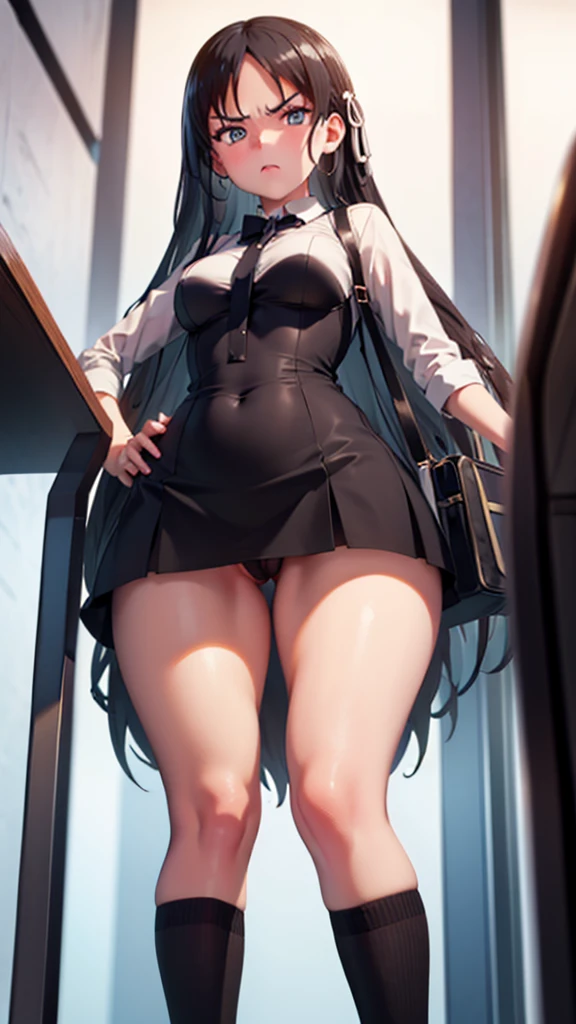 1girl, office, shirt, (angry), ((hourglass figure)), black tights, (from below), looking at viewer, ((thick thighs)), ((pussy))