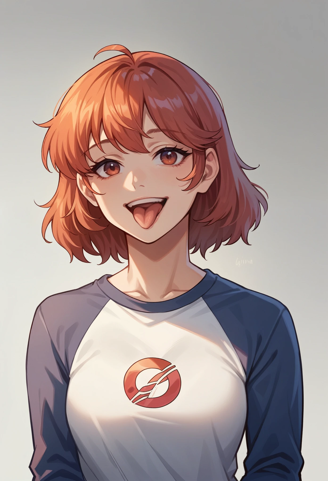 (Masterpiece, Best Quality), 1 girl, beautiful face, Gwendolyn_Tennyson, old, (1 girl, Alone:1.3),, blank background,, naked, medium shot, Upper part of the body, detailed face,SMILE, Open mouth, long sleeves, raglan sleeves, ,Multicolored shirt, tongue out, graphic shirt,