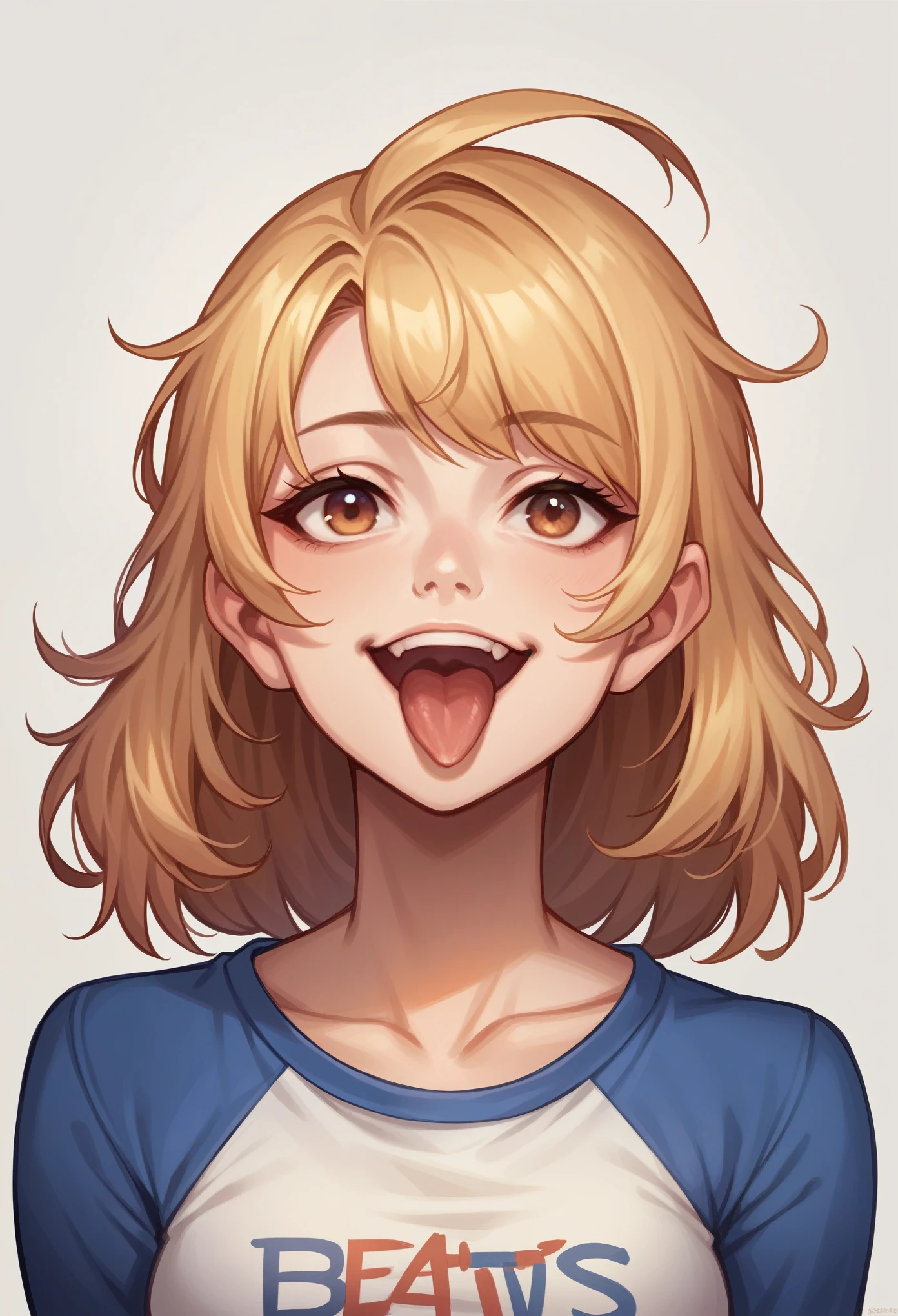 (Masterpiece, Best Quality), 1 girl, beautiful face, Gwendolyn_Tennyson, old, (1 girl, Alone:1.3),, blank background,, , medium shot, Upper part of the body, detailed face,SMILE, Open mouth, long sleeves, raglan sleeves, ,Multicolored shirt, out, graphic shirt,