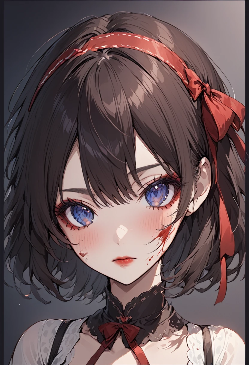 1girl, solo, blush, looking_at_viewer, short_hair, bangs, blue_eyes, simple_background, black_hair, ribbon, original, bow, hair_between_eyes, closed_mouth, hair_ribbon, hair_bow, hairband, grey_background, red_bow, lips, blood, makeup, border, portrait, eyeshadow, blood_on_face, red_lips, black_border, bow_hairband