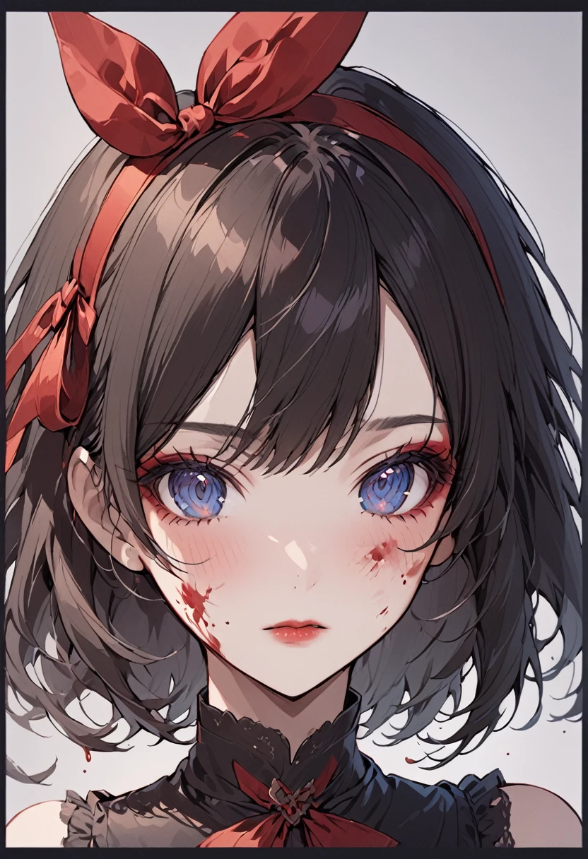 1girl, solo, blush, looking_at_viewer, short_hair, bangs, blue_eyes, simple_background, black_hair, ribbon, original, bow, hair_between_eyes, closed_mouth, hair_ribbon, hair_bow, hairband, grey_background, red_bow, lips, blood, makeup, border, portrait, eyeshadow, blood_on_face, red_lips, black_border, bow_hairband