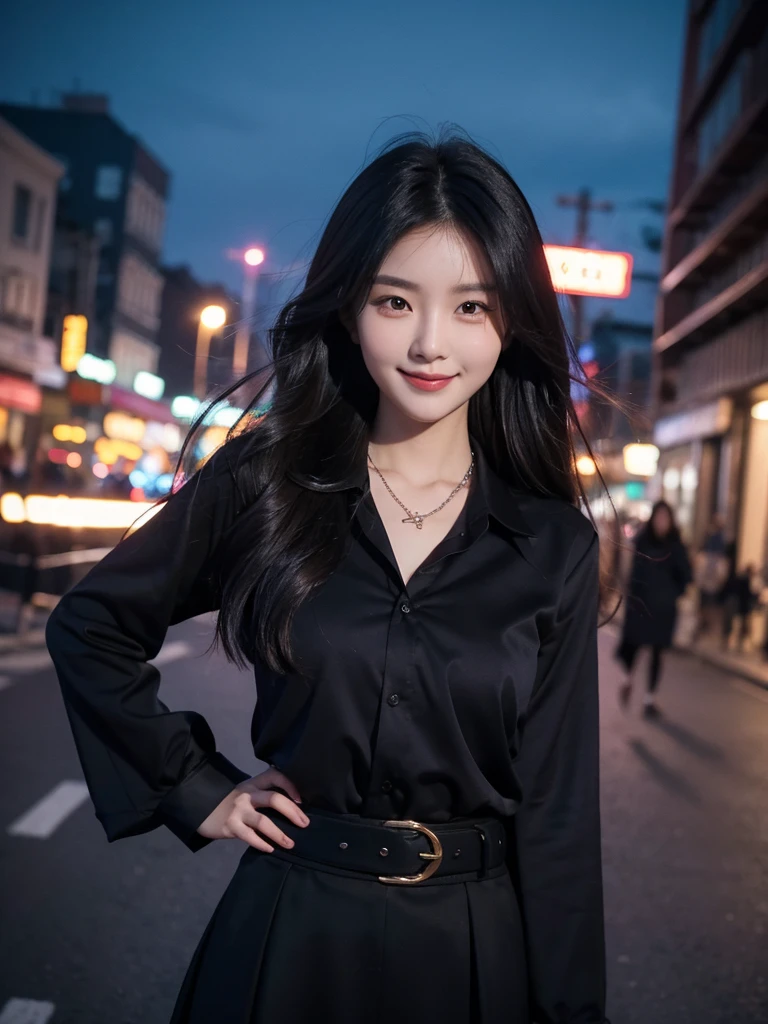 1 girl, korean girl,beautifull,black long hair,dark purple shirt with collars, long sleeve,trendy black skirt,, belt, standing, smile,neckless, standing, night street, looking at the view