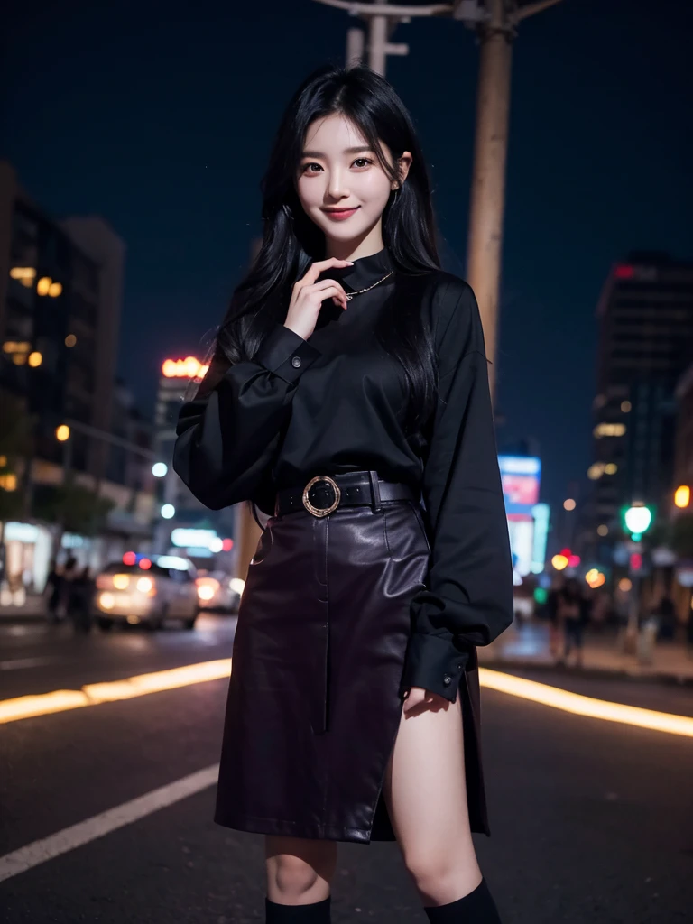 1 girl, korean girl,beautifull,black long hair,dark purple shirt with collars, long sleeve,trendy black skirt,, belt, standing, smile,neckless, standing, night street, looking at the view