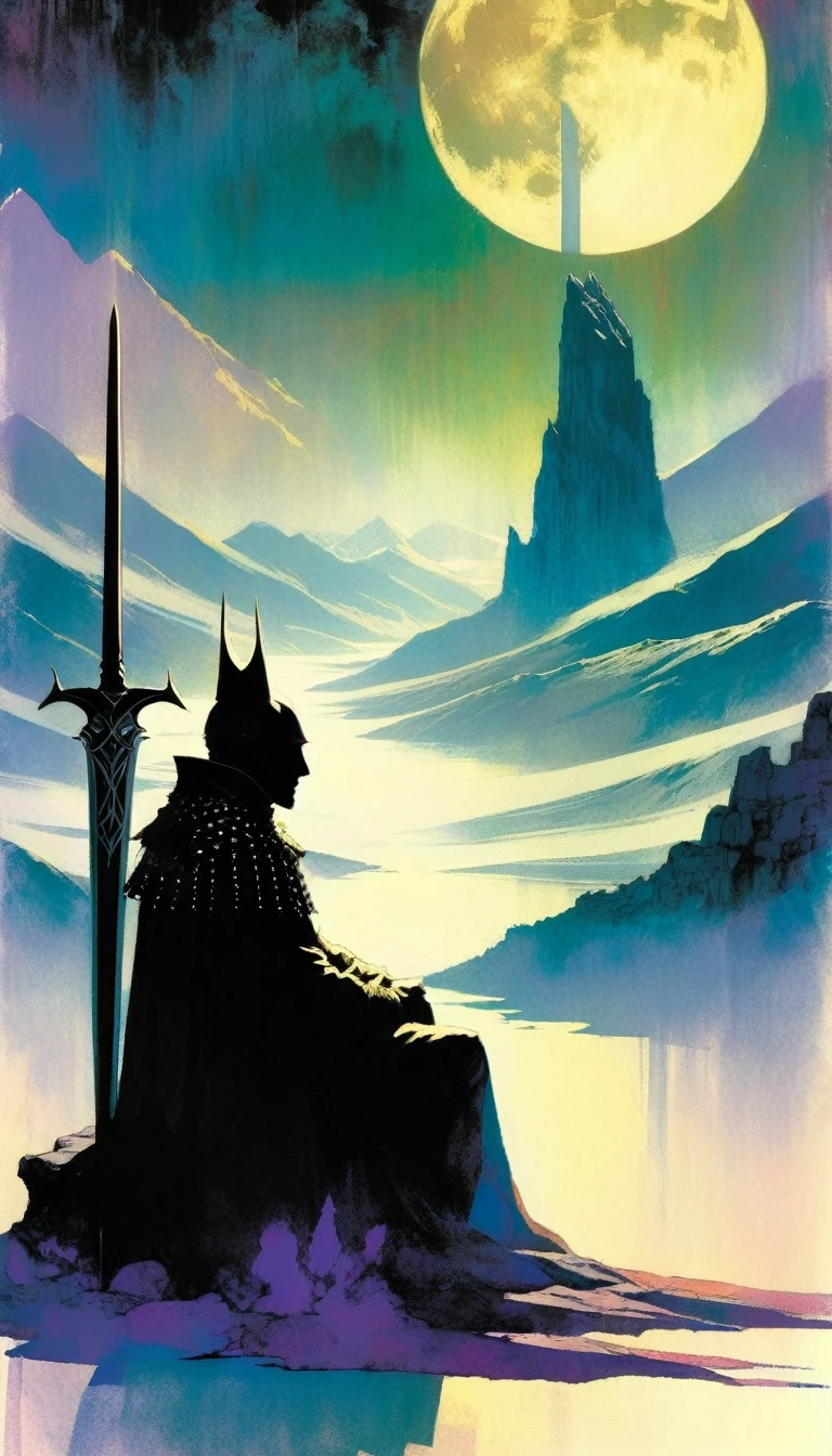 wise king sitting on his throne, throne in the street, mountain and moon landscape, serenity, sword (art inspired by Bill Sienkiewicz)
