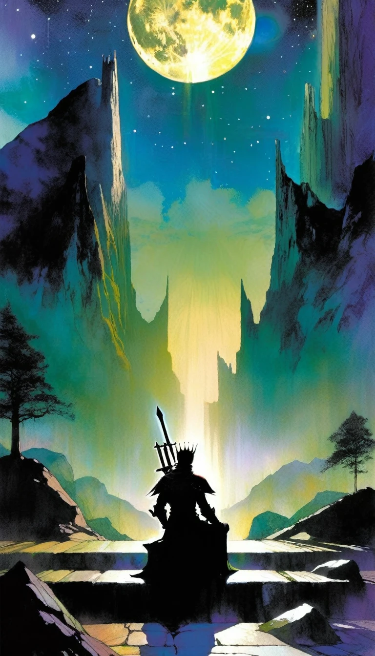 wise king sitting on his throne, throne in the street, mountain and moon landscape, serenity, sword (art inspired by Bill Sienkiewicz)