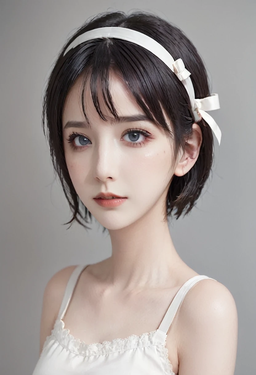 1girl, solo, blush, looking_at_viewer, short_hair, bangs, blue_eyes, simple_background, black_hair, ribbon, original, bow, hair_between_eyes, closed_mouth, hair_ribbon, hair_bow, hairband, grey_background, red_bow, lips, blood, makeup, border, portrait, eyeshadow, blood_on_face, red_lips, black_border, bow_hairband