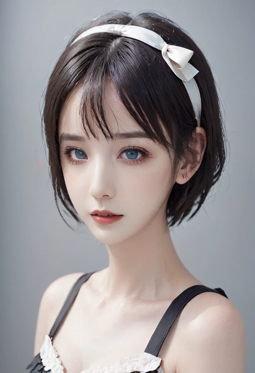 1girl, solo, blush, looking_at_viewer, short_hair, bangs, blue_eyes, simple_background, black_hair, ribbon, original, bow, hair_between_eyes, closed_mouth, hair_ribbon, hair_bow, hairband, grey_background, red_bow, lips, blood, makeup, border, portrait, eyeshadow, blood_on_face, red_lips, black_border, bow_hairband