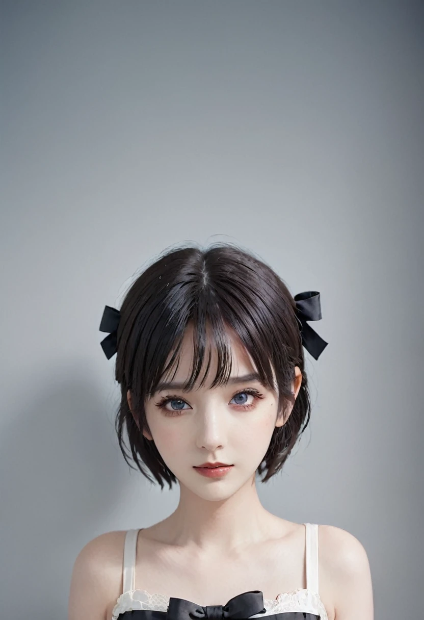 1girl, solo, blush, looking_at_viewer, short_hair, bangs, blue_eyes, simple_background, black_hair, ribbon, original, bow, hair_between_eyes, closed_mouth, hair_ribbon, hair_bow, hairband, grey_background, red_bow, lips, blood, makeup, border, portrait, eyeshadow, blood_on_face, red_lips, black_border, bow_hairband
