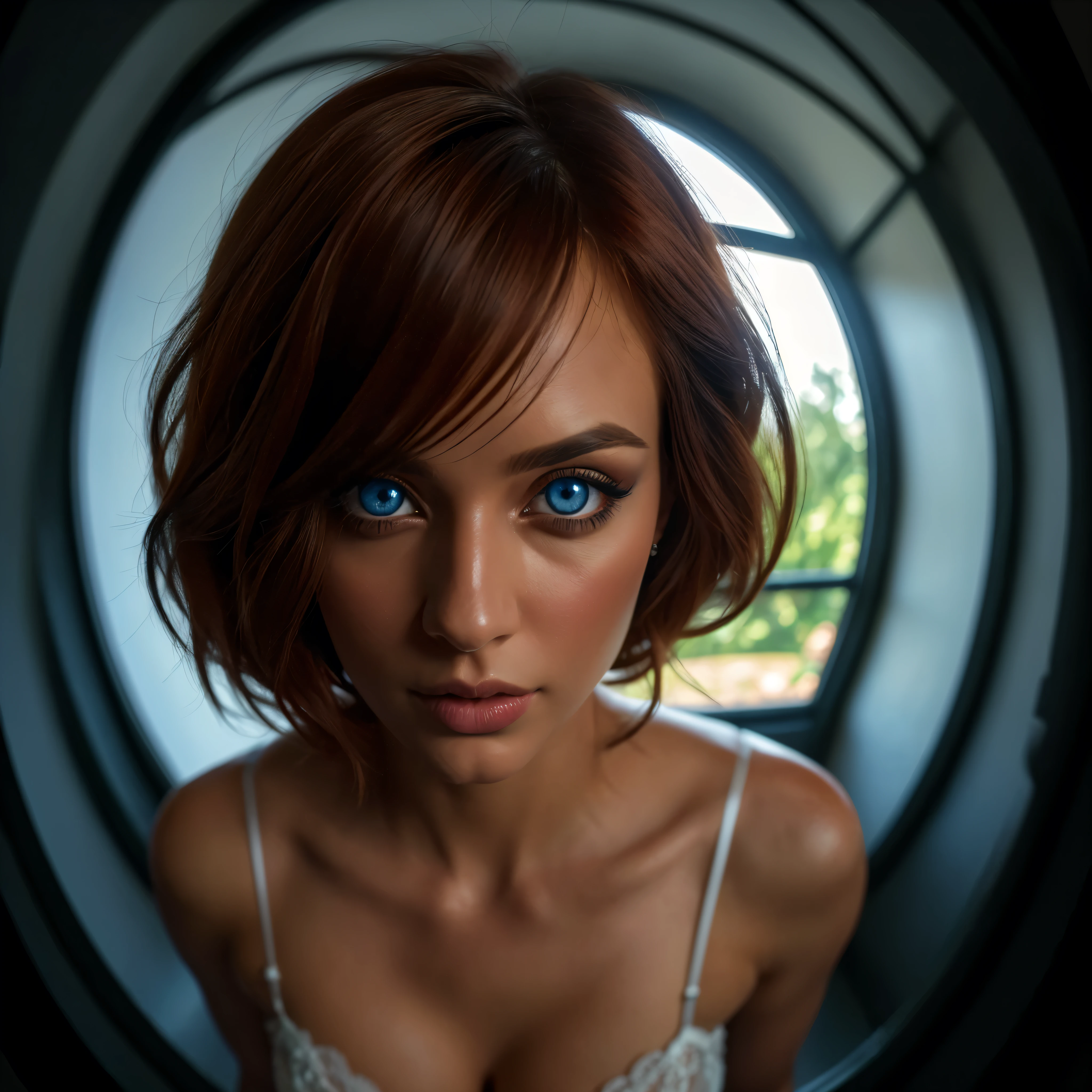 (((Full body 1.1, panorama, full-length, wallpaper, photo-posing, for magazine cover 1.1))), (((( very beautiful eyes 1.1)))). (perfect details: 1.1), (beautiful and clear background: 1.2), (extremely detailed CG, ultra detailed, best shadow: 1.1), (((finely detailed beautiful eyes))), (full length 1.1).a very beautiful woman with dark skin, red hair in a bob hairstyle, expressive blue eyes, wearing white lace lingerie, in a bedroom setting with a sexy and erotic atmosphere,(best quality,4k,8k,highres,masterpiece:1.2), ultra-detailed,(realistic,photorealistic,photo-realistic:1.37),portrait,glamorous,dramatic lighting,cinematic,chiaroscuro HDMI, HDRI, UDHD,(( Scatter effect)), (( volume effect 1.1)), (( Depth sharpness 1.1)), ((fisheye lens)).(perfect details: 1.1), (beautiful and clear background: 1.2), (extremely detailed CG, ultra detailed, best shadow: 1.1), (finely detailed beautiful eyes) , (full-length 1.1)