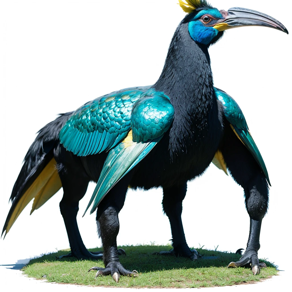 Big huge Animaly, cassowary mixed with Poseidon, yellows colour skins, Grassroots background, (white background simpleks)