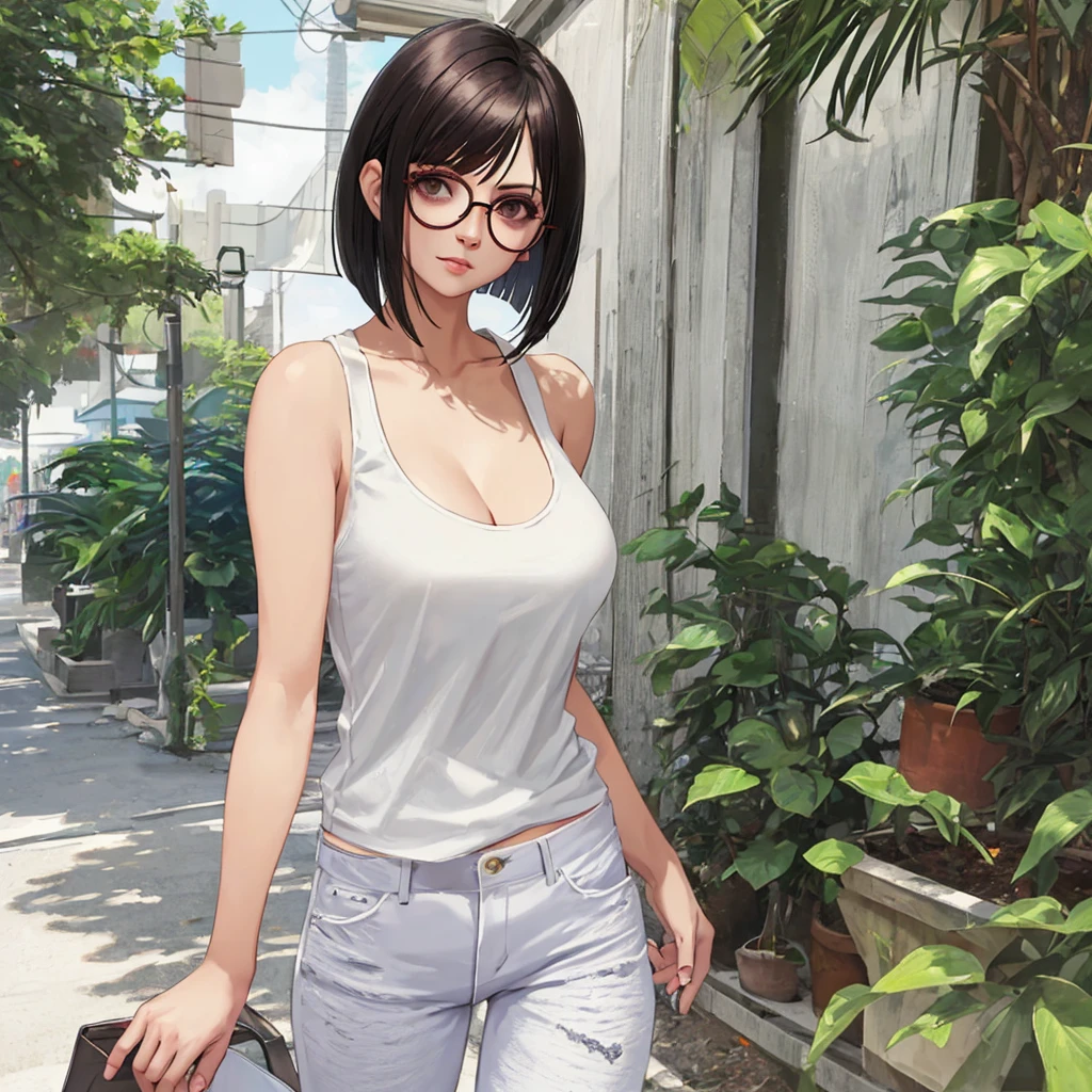 White tank top,jeans,Short Bob,Glasses,Cleavage,