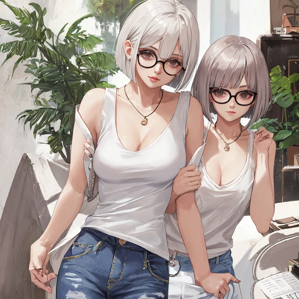 White tank top,jeans,Short Bob,Glasses,Cleavage,