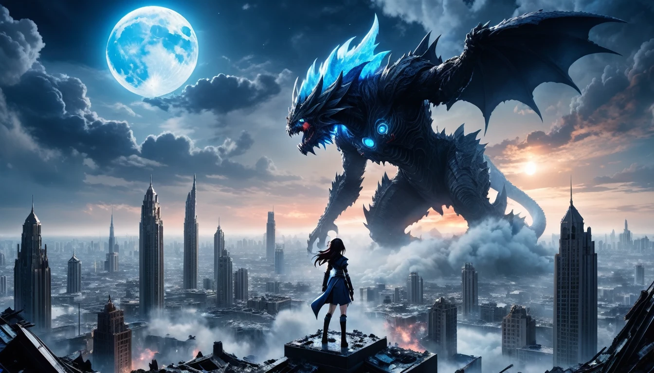 8K high-resolution images, Woman standing on top of a building,anime, A city destroyed by a space monster, Devouring people, Corpses Everywhere, Blue sky and black clouds,Use ice magic, In the background is a giant space monster devouring the moon.. 