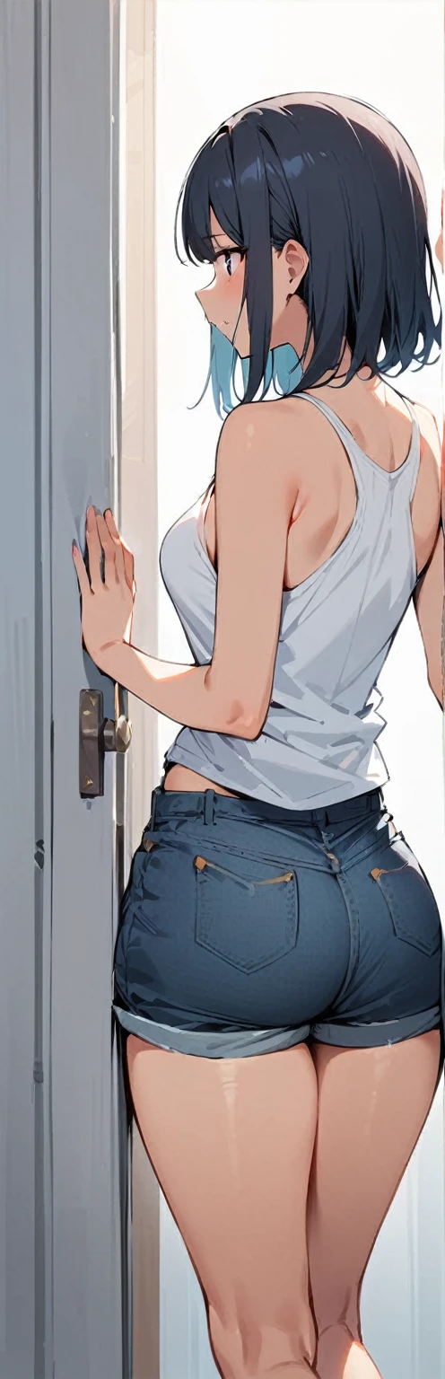 (Masterpiece, Best Quality:1.2), 1 girl, Alone,standing_to divide, 
wide, White Sleeveless Tank Top，blue denim shorts