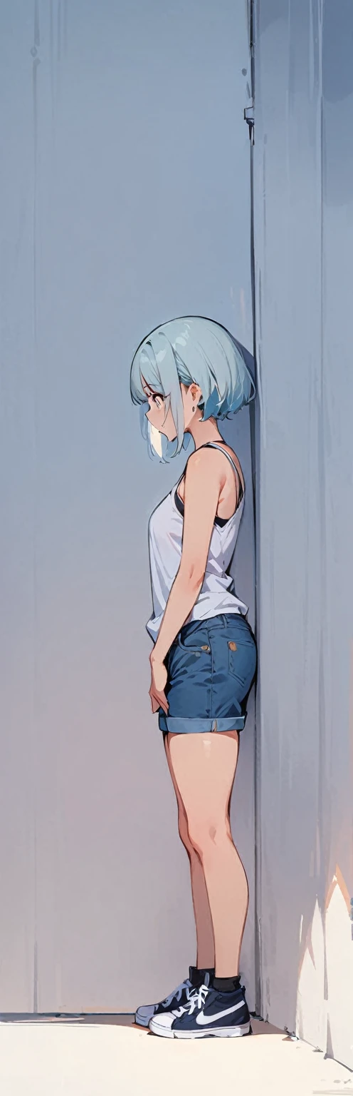 (Masterpiece, Best Quality:1.2), 1 girl, Alone,standing_to divide,
wide, White Sleeveless Tank Top,blue denim shorts