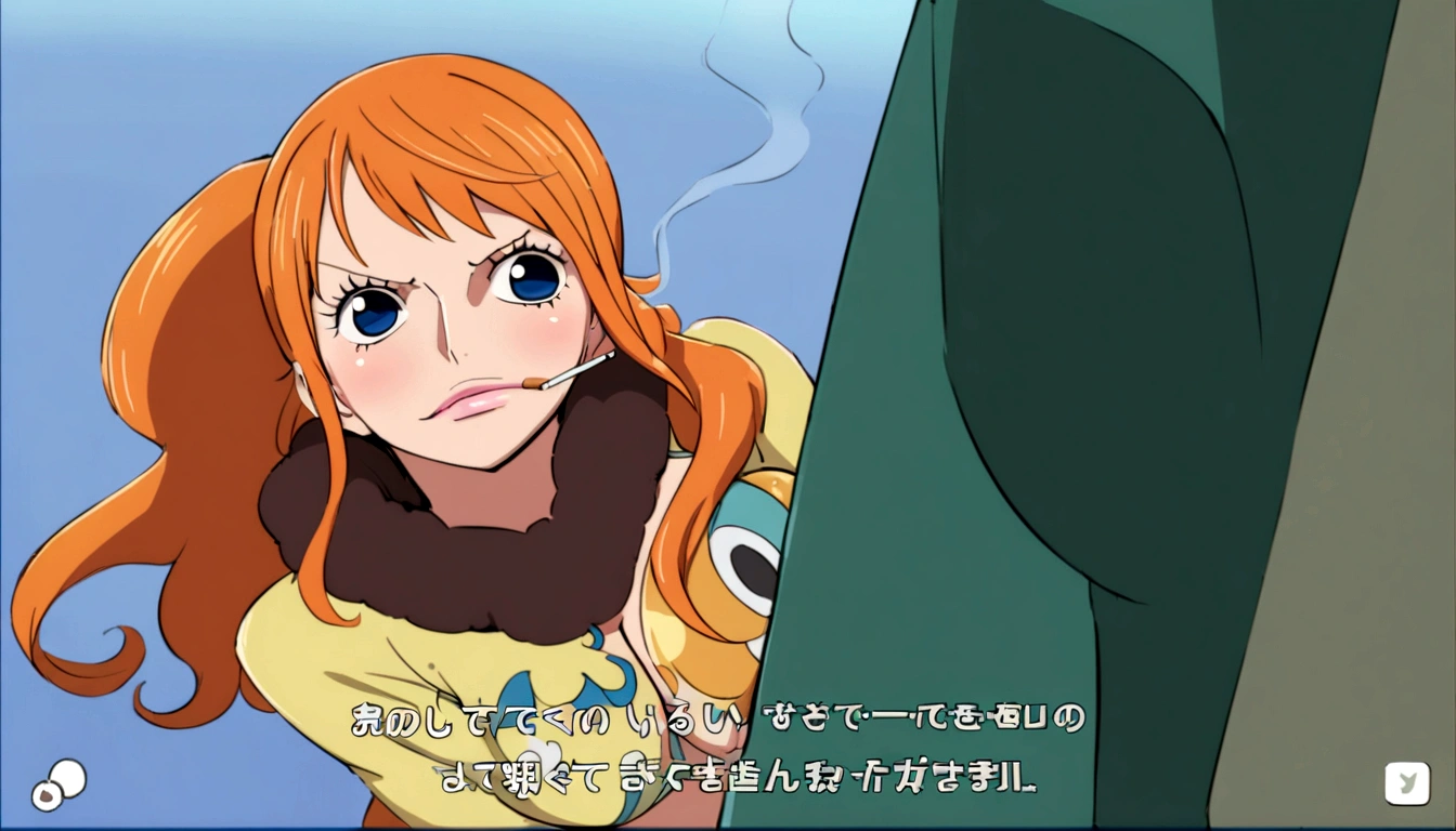 a cartoon picture of a woman in a bikini top and jeans, nami one piece, nami from one piece, nami, beautiful portrait of nami, from one piece, oppai, blue eyes, smoking