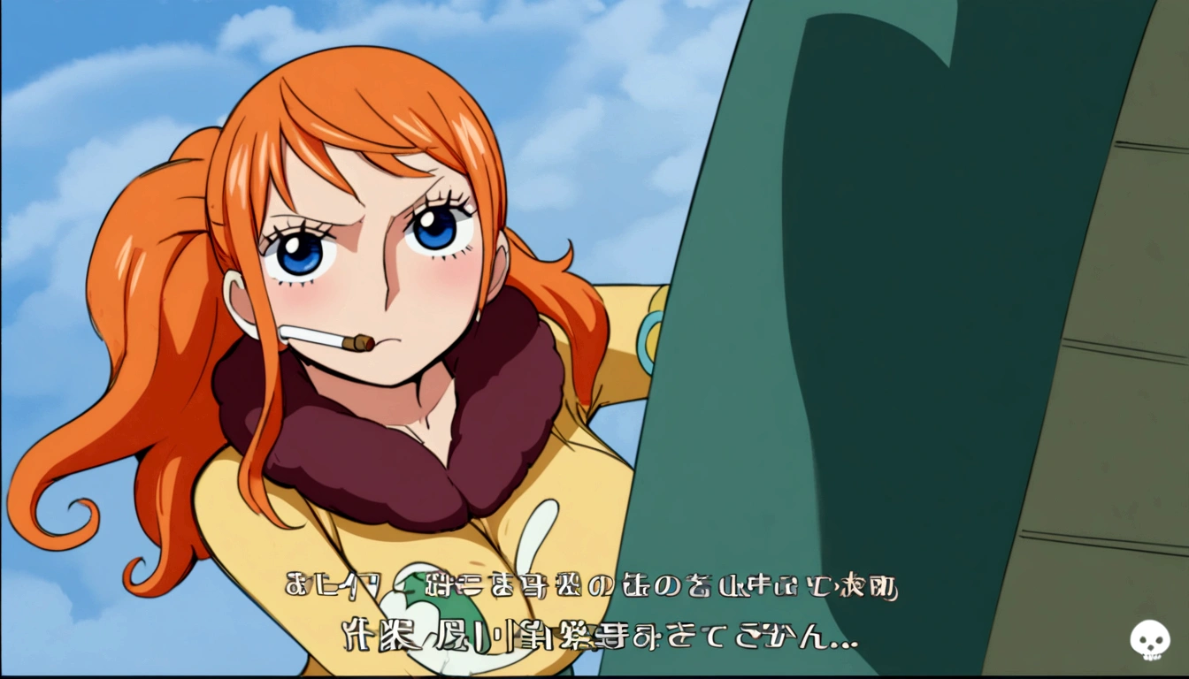 a cartoon picture of a woman in a bikini top and jeans, nami one piece, nami from one piece, nami, beautiful portrait of nami, from one piece, oppai, blue eyes, smoking