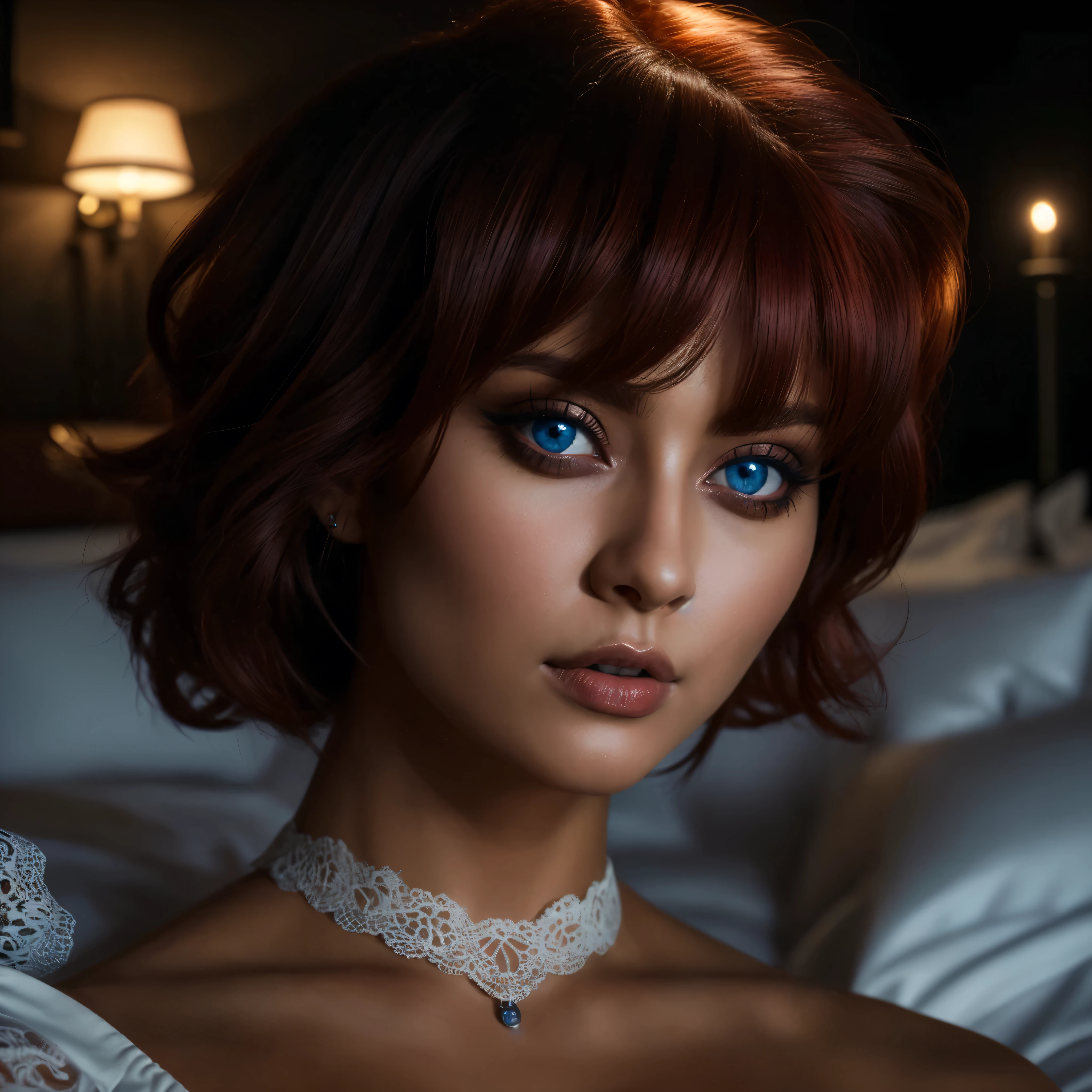 a very beautiful woman with dark skin, red hair in a bob hairstyle, expressive blue eyes, wearing white lace lingerie, in a bedroom setting with a sexy and erotic atmosphere,(best quality,4k,8k,highres,masterpiece:1.2), ultra-detailed,(realistic,photorealistic,photo-realistic:1.37),portrait,glamorous,dramatic lighting,cinematic,chiaroscuro HDMI, HDRI, UDHD,(( Scatter effect)), (( volume effect 1.1)), (( Depth sharpness 1.1)), ((fisheye lens)).(perfect details: 1.1), (beautiful and clear background: 1.2), (extremely detailed CG, ultra detailed, best shadow: 1.1), (finely detailed beautiful eyes) , (full-length 1.1)