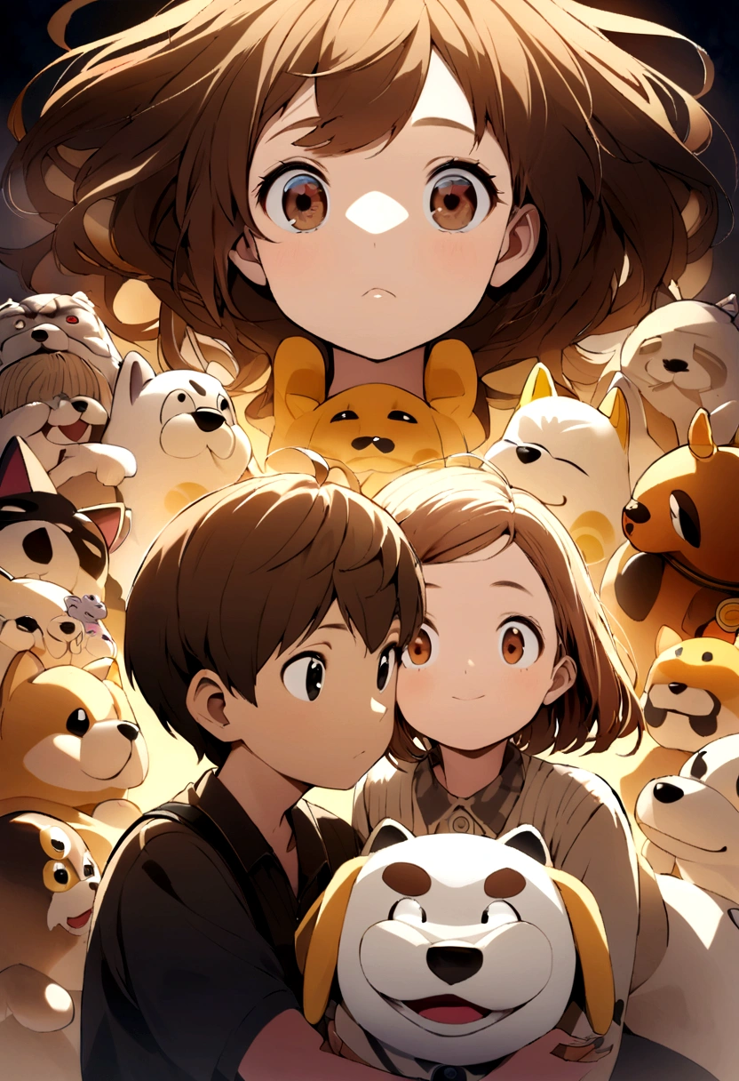 Pixar type poster of a girl with brown eyes and long brown hair on a trip with a boy with brown hair and brown eyes and next to her a black and white chitzu dog with black eyes next to a cream chitzu dog with brown eyes