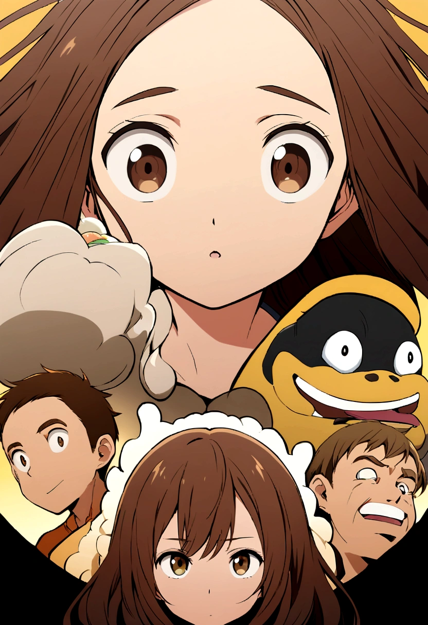 Pixar type poster of a girl with brown eyes and long brown hair on a trip with a boy with brown hair and brown eyes and next to her a black and white chitzu dog with black eyes next to a cream chitzu dog with brown eyes