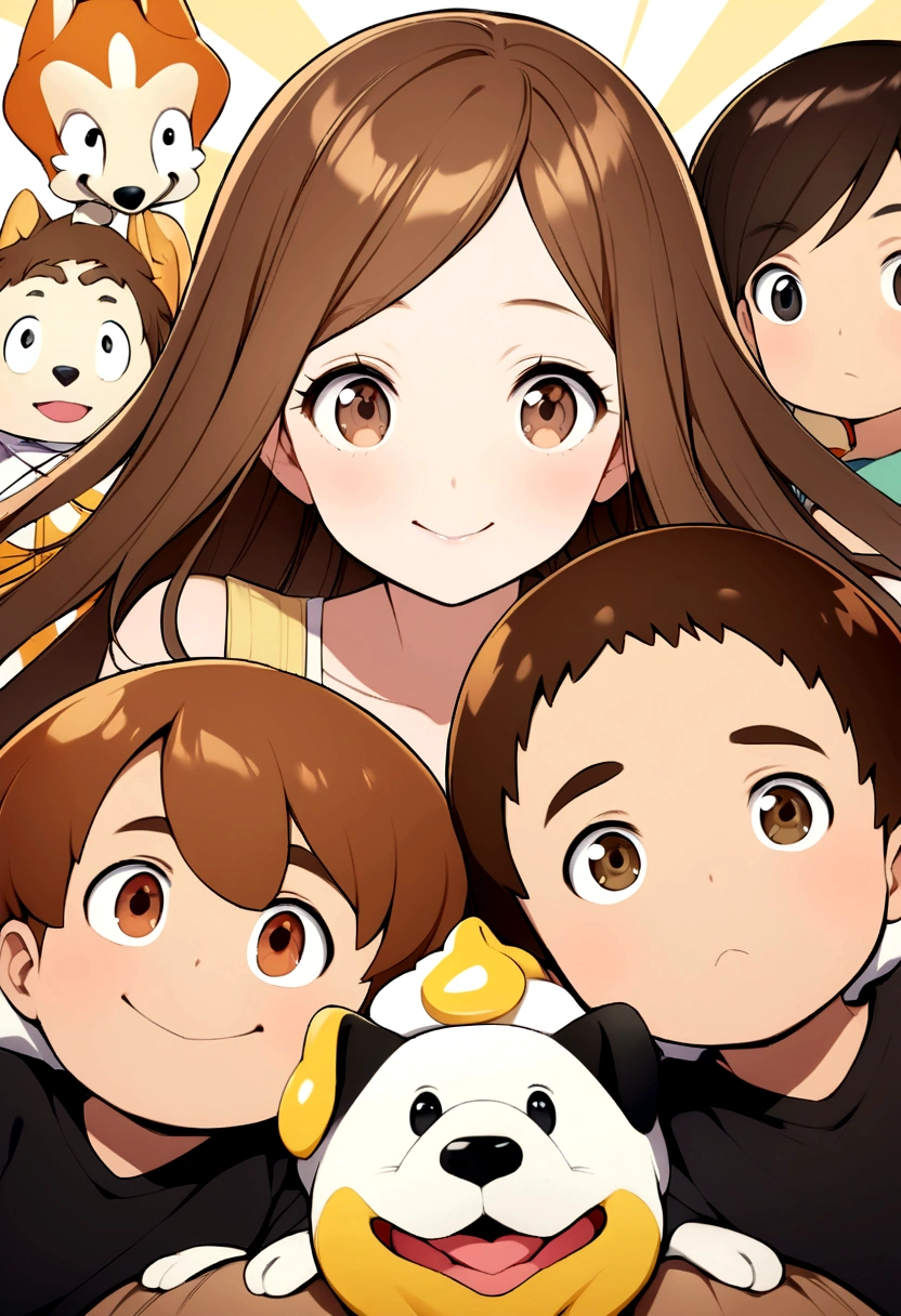 Pixar type poster of a girl with brown eyes and long brown hair on a trip with a boy with brown hair and brown eyes and next to her a black and white chitzu dog with black eyes next to a cream chitzu dog with brown eyes