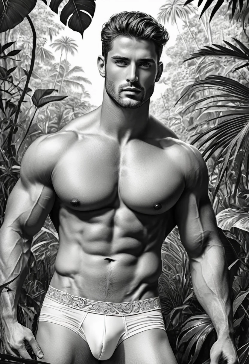 Coloring page for adults, with black and white art, a handsome man, with beautiful eyes, wearing only white underwear, with captivating style, gallant, seducer, very sensual, sexually provocative action, large volume of penis highlighted in underwear, total body length, ultra detailed drawing, this man is in a jungle, with a beautiful landscape, realistic styling, White background, sketch style, just outlines, cartoon style, thin-lines, coloring book, linhas limpas, sharp lines, highly detailed clean line art, exquisite artwork.