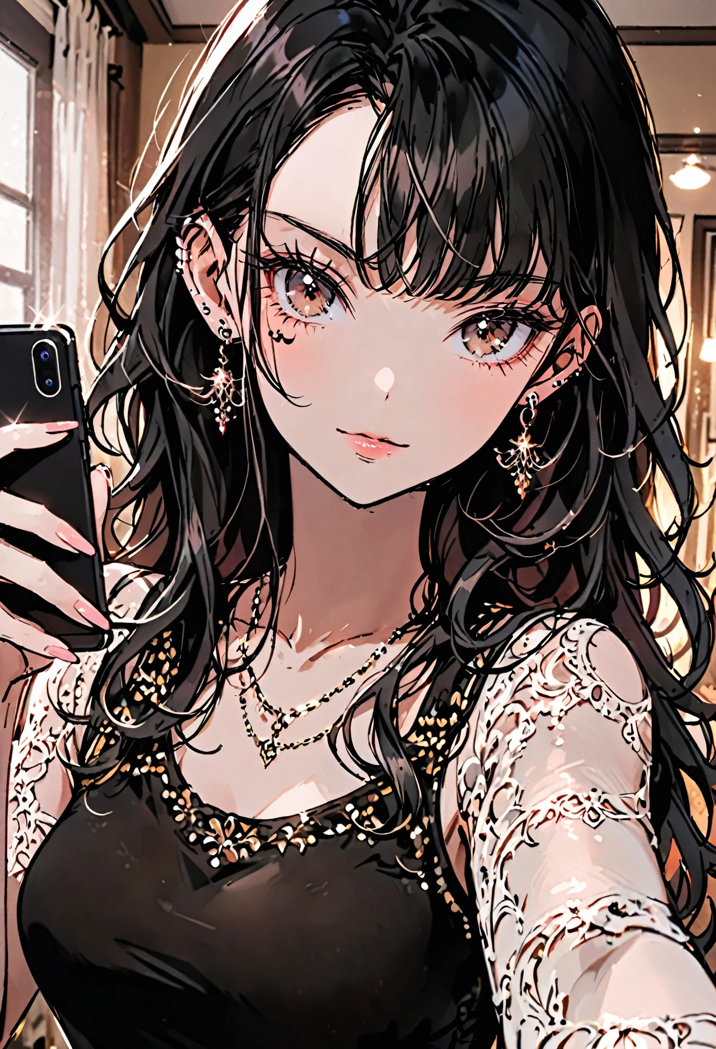 female, long black hair, wavy hair, brown eyes, tight tank-top, smile, cellphone, luxurious, indoors, home, smile, beauty mark, ((pouty lips)), v fingers, (((taking selfie))), earrings, posing, looking at cellphone