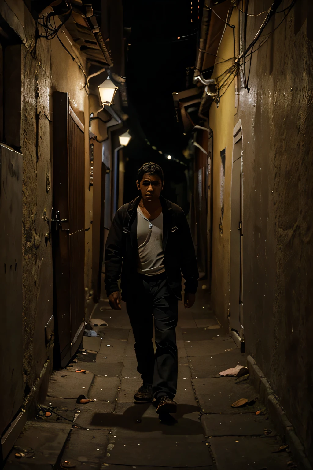 listen to me, an exhausted crestfallen Peruvian man arrives at his poor house in a dark alley at night