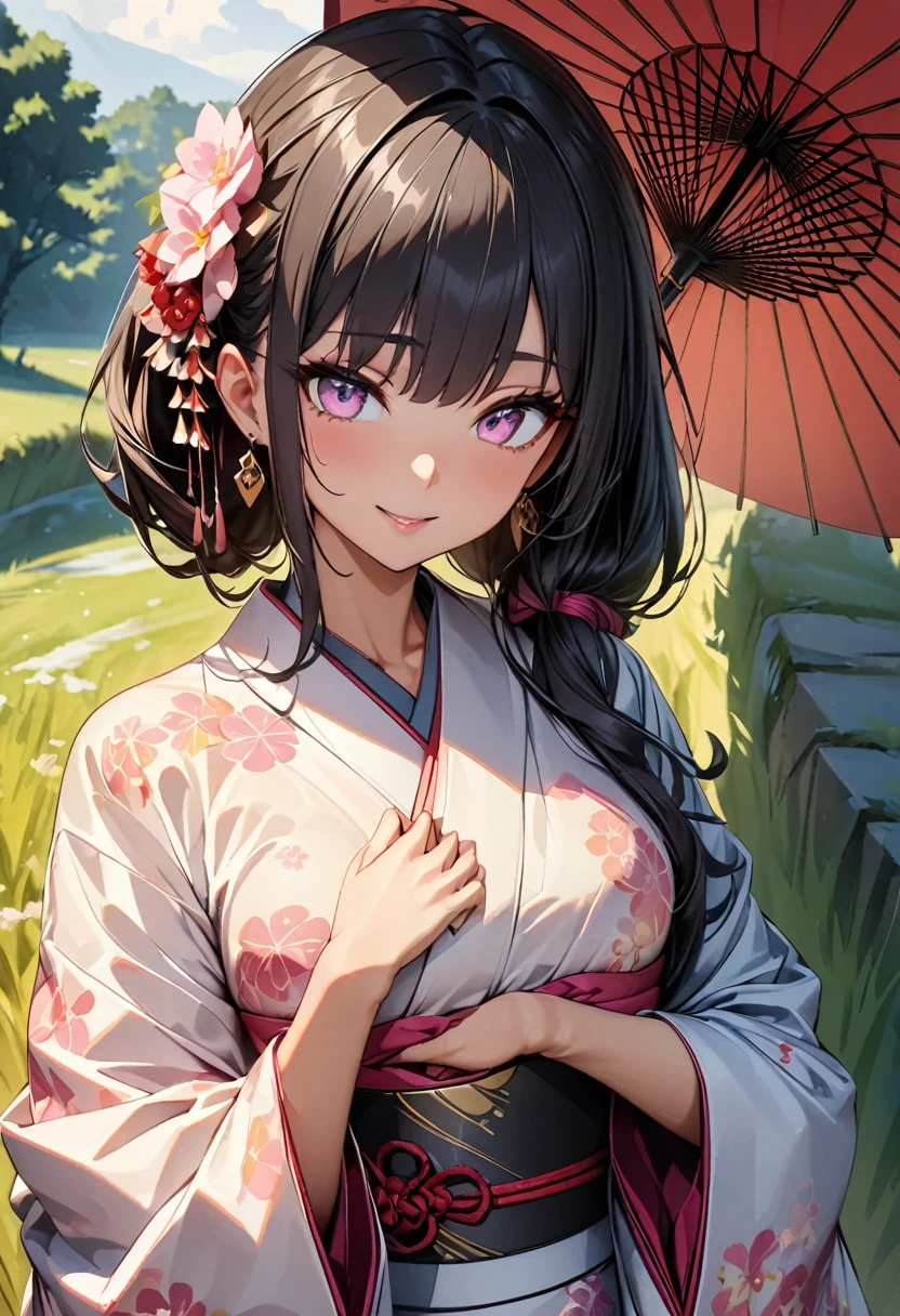 (Perfect Anatomy)、Mastepiece、Ultra High Quality、 8K、masterpiece、Highest quality、Ultra-high resolution、Maximum resolution、Very detailed、Professional Lighting、anime、Adult female、thin、so beautiful、Highly detailed eye、Highly detailed face、Golden earrings、Black Hair,、Pink eyes、Kimono with a beautiful pattern、Gorgeous kimono、kimono、Japanese Umbrella、grassland, 