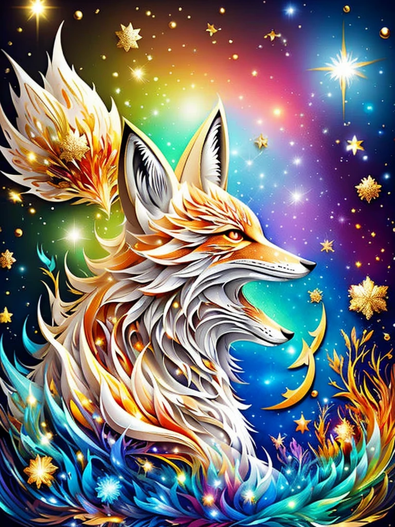 Splash art, luminism, fantasy acrylic, digital painting, majestic fox. Magical fantasy white fox closeup, magical creature made of flowers, birds, moon and star colors, big reflective eyes, colorful paint splash style, paint drops, color waves, close-up portrait, color drips, fairy tale, dynamic lighting, art station, Peter Maubacher, broadcast, wow, masterpiece, golden glitter, bubbles, transparent smoke, sun rays