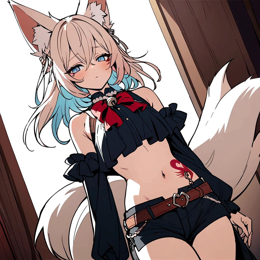 Young girl, long white hair, cat ears, cat tail, multi-colored eyes, heterohromia, left eye purple, right eye turquoise, red learher ripped spike jacket, white tight top, purple print, blue shorts, lot of tattoo, scars, open belly, small breasts, wide neckline, boob window, window in chest, little muscles, smirk, claws, hands behind head, Masterpiece, best quality, Full HD, 8k, ultra details, great graphic