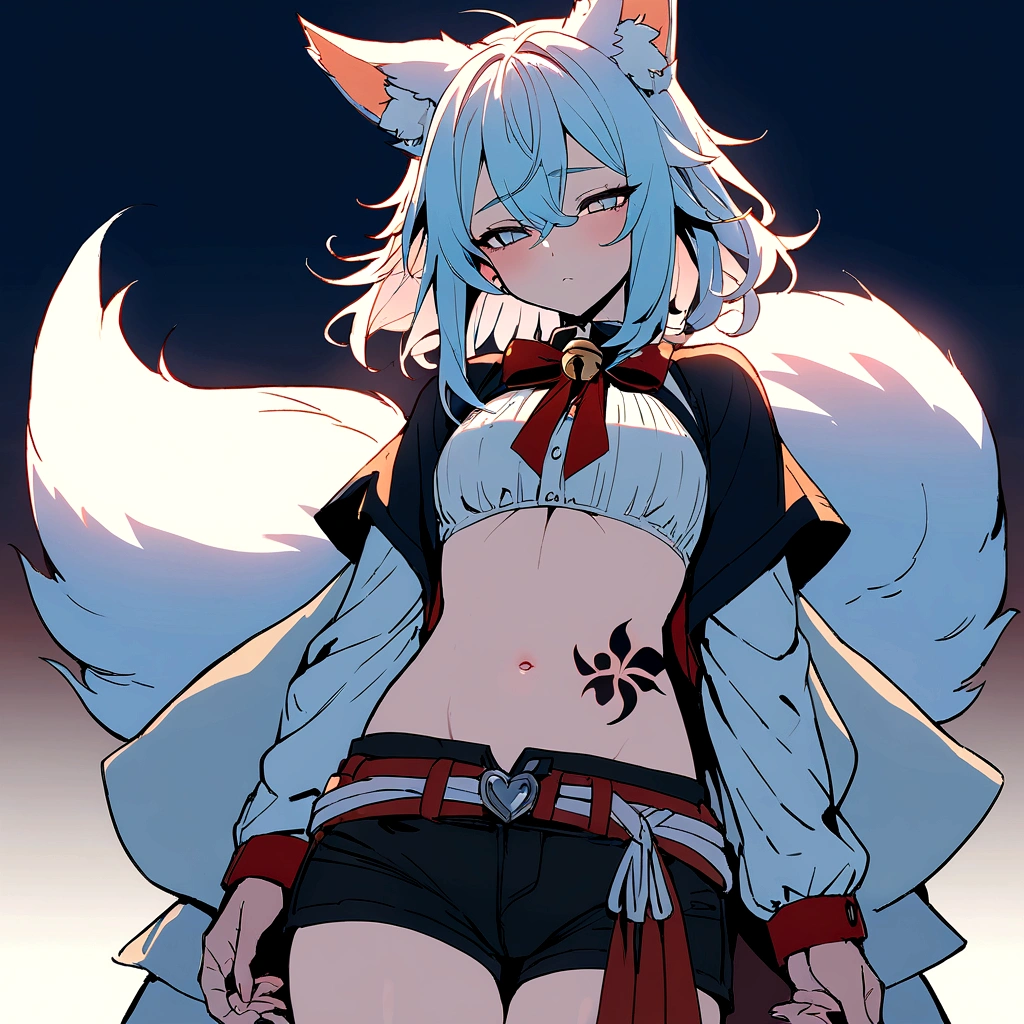 ((Masterpiece)), (Best Quality), Solo, miosha1, hair ornament, ponytail, wolf tail, swimsuit, white shorts, thigh strap, black jacket, leaf print, collar, string bikini, (NSFW:1.2)