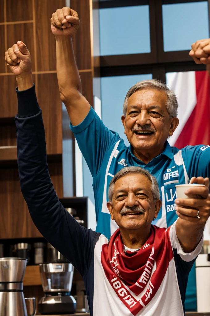 An amlo label raising his hands in victory, for coffee 