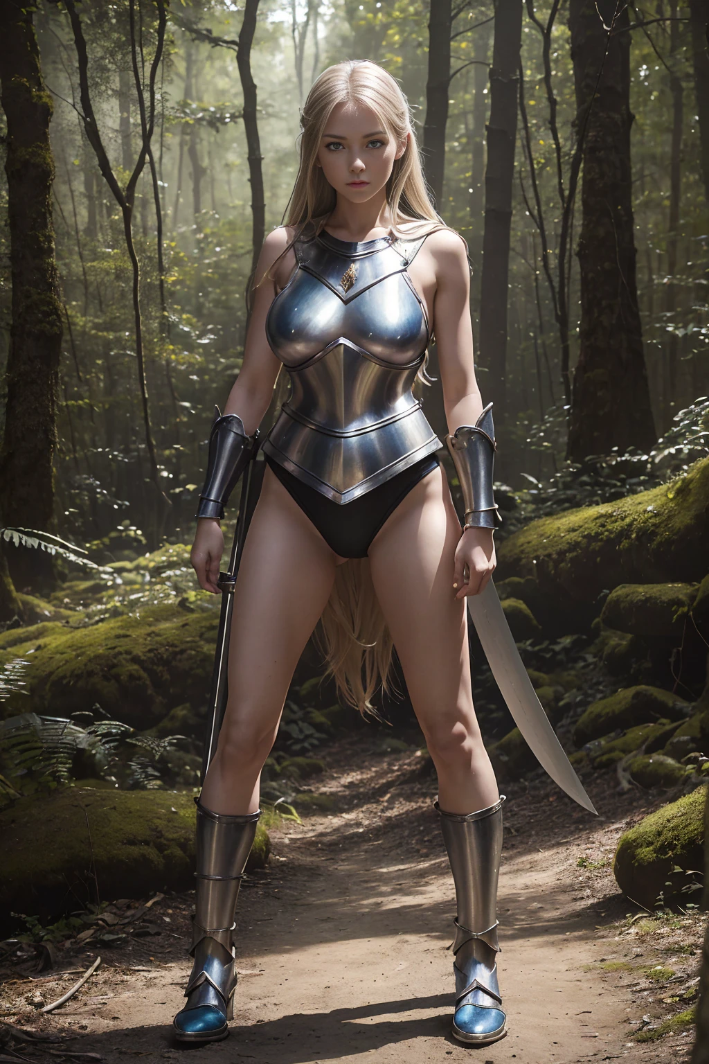 (((full body photo))), (photo realistic:1.4), (hyper realistic:1.4), (realistic:1.3),whole body,medieval europe,battle,(metal breastplate),thin,woman,,sleeveless, whitened skin, in the forest,black shoes,sword,girl,(legs without stockings),Lower body white swimsuit,blue eyes,lively eyes,,Realistic Skin, Dust on clothes,