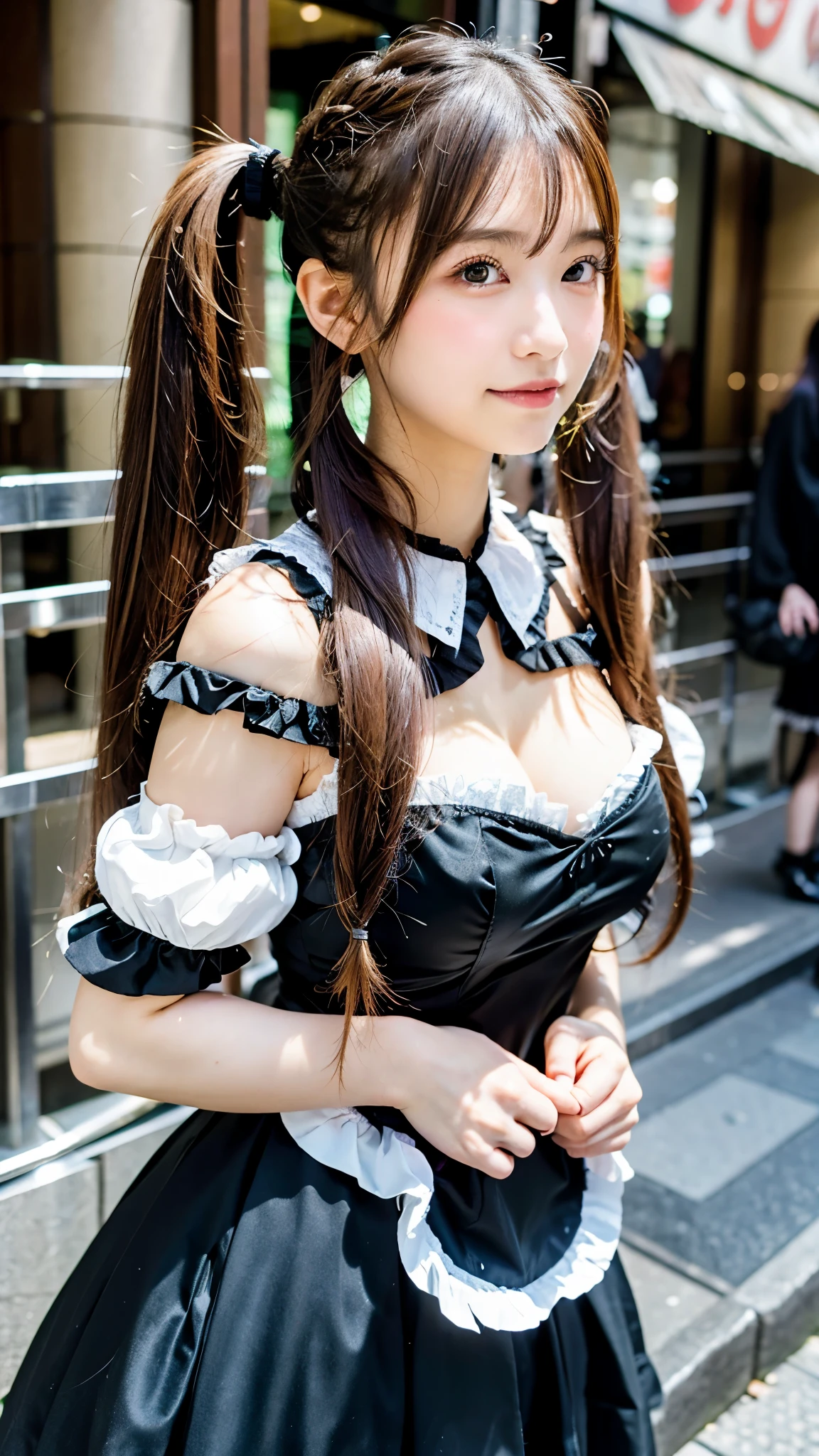 Top quality, 1 beautiful woman, (Absurdly Long Hair:1.3), ((Twintails)), wearing gothic lolita costume, Massive Breasts, 50mm lens, f/1, at Walking in Akihabara