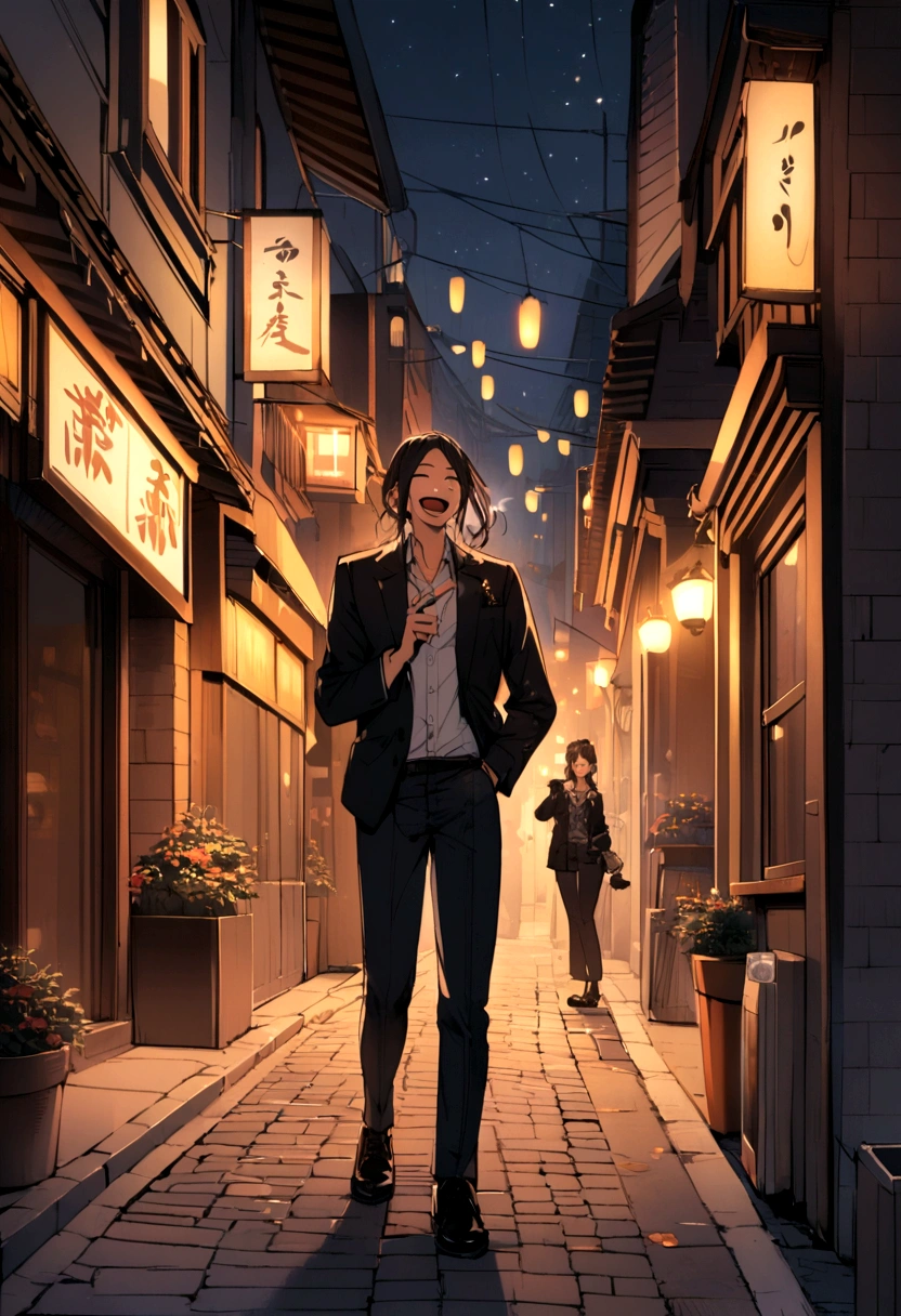 , the night, in the middle of the street, with trident in hand, smoking cigarette and laughing