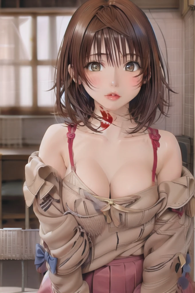 1girl, solo, blush, looking_at_viewer, short_hair, bangs, blue_eyes, simple_background, black_hair, ribbon, original, bow, hair_between_eyes, closed_mouth, hair_ribbon, hair_bow, hairband, grey_background, red_bow, lips, blood, makeup, border, portrait, eyeshadow, blood_on_face, red_lips, black_border, bow_hairband