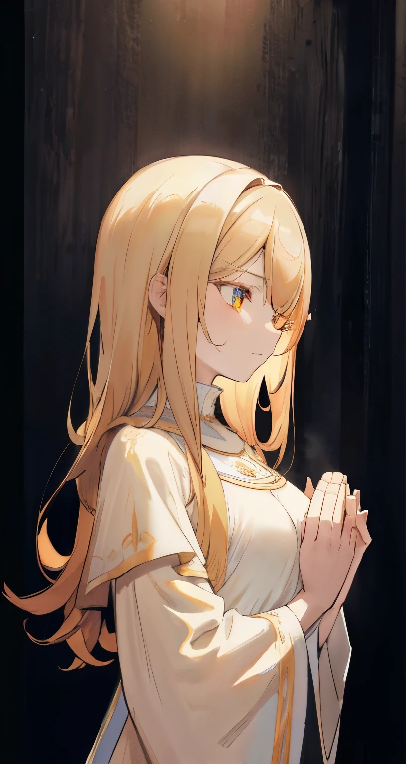 { masterpiece : best quality : high resolution : unity 8k wallpaper : illustration : beautiful detailed eyes : extremely detailed face : perfect lighting : extremely detailed CG } { {monochrome  : pencil sketch} { dark horror theme } { in a dark room  } { Ella Freya : long elegant blonde hair: perfectly small shape breast  : naked : perfectly fit body : acolyte outfit : Praying