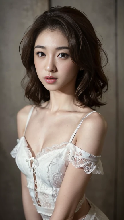 ((top-quality、、masterpiece:1.3))、sharp focus:1.2、Beautiful woman with perfect body:1.4、Slim abdomen:1.2、((Layered Haircut、small tits:1.2))、 (Short sleeve lace dress:1.1)、(white backgrounid:1.2)、Highly detailed facial and skin texture、 detailed eye、double eyelid、skin tanned、A sexy、exposed shoulder、Small cleavage、Model body type、lightbrown hair、Curly hair