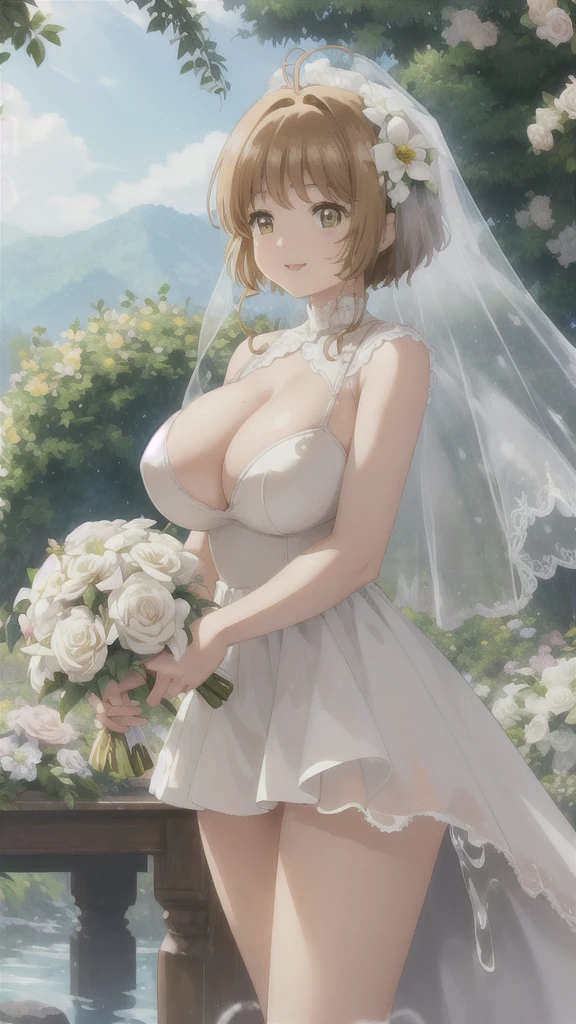 masterpiece,best quality,highres,ultra-detailed,amarika,brown eyes,light brown hair,short hair with long locks,bangs,hair ornament,hair flower,(wedding dress:1.2),,(Veil:1.2),Garden,smile,outdoors,standing,cowboy shot,holding bouquet,Covered in 、A huge amount of  drips onto her 、A lot of  dripping onto her .、A huge amount of  drips down her thighs、A huge amount of  drips down her thighs、Covered in 、Covered in 、A huge amount of  drips onto her 、A lot of  dripping onto her .、A huge amount of  drips down her thighs、A huge amount of  drips down her thighs、Covered in 、Covered in 、After the 、After 、Torn Dress、After oral 、