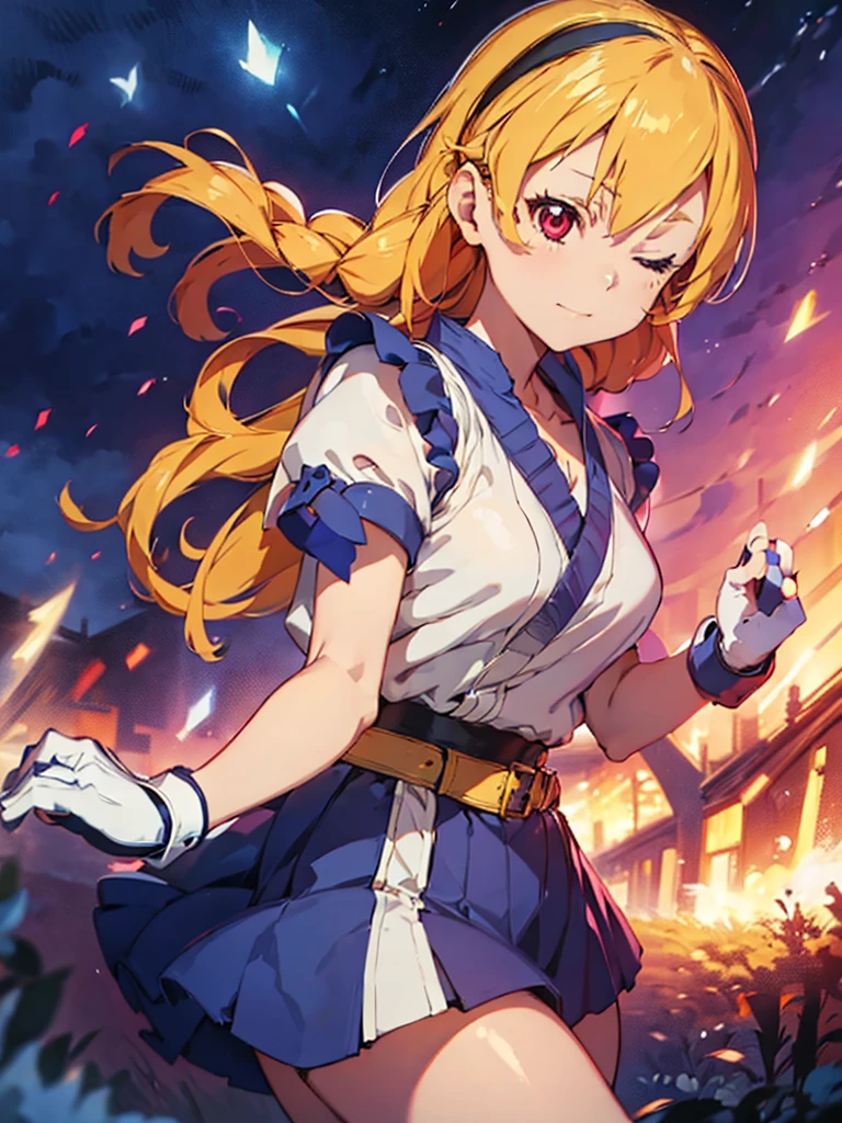 sapphire the street fighter character by person street fighter street fighter, person, person, kat, person, person, character, person, character design, character art, 1girl, solo, gloves, Blonde hair, braid, breasts, dougi, headband, fingerless gloves, one eye closed, RED eyes, long hair, large breasts